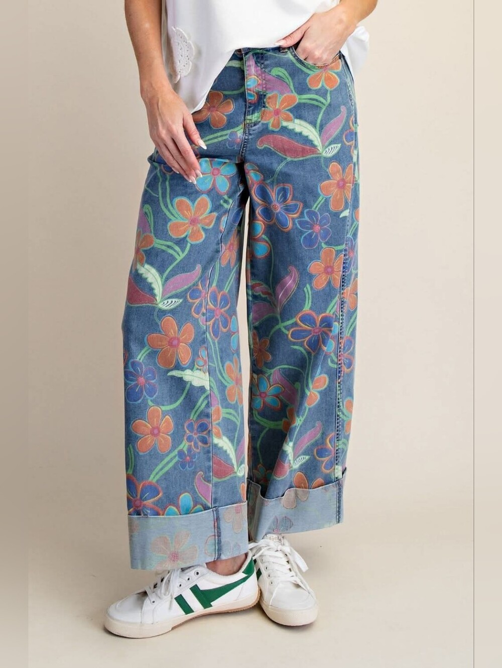 easel Blue Denim Wide-Leg Pants with Orange & Green Floral Print